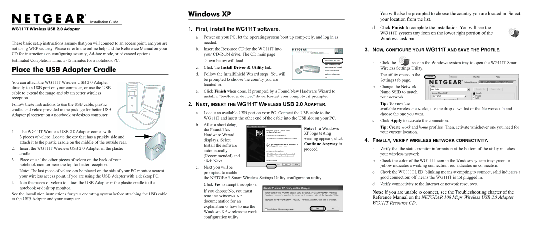 NETGEAR WG111T installation instructions Place the USB Adapter Cradle, Windows XP 