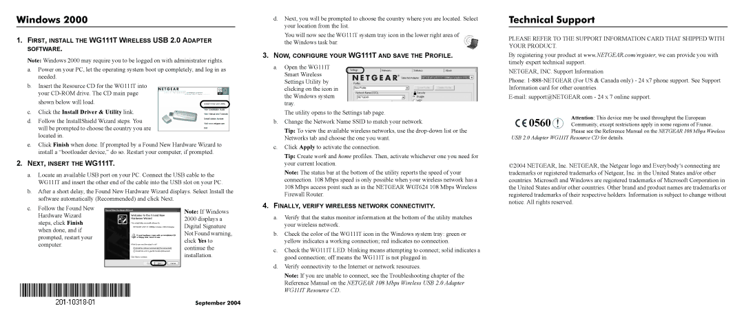 NETGEAR Windows, Technical Support, FIRST, Install the WG111T Wireless USB 2.0 Adapter Software 