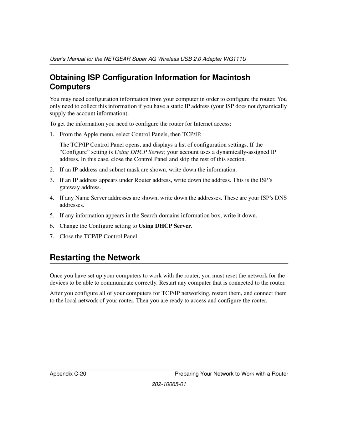 NETGEAR WG111U user manual Restarting the Network 