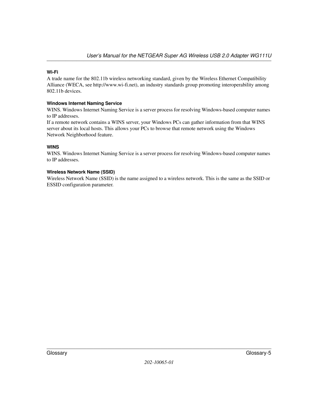 NETGEAR WG111U user manual Glossary Glossary-5 