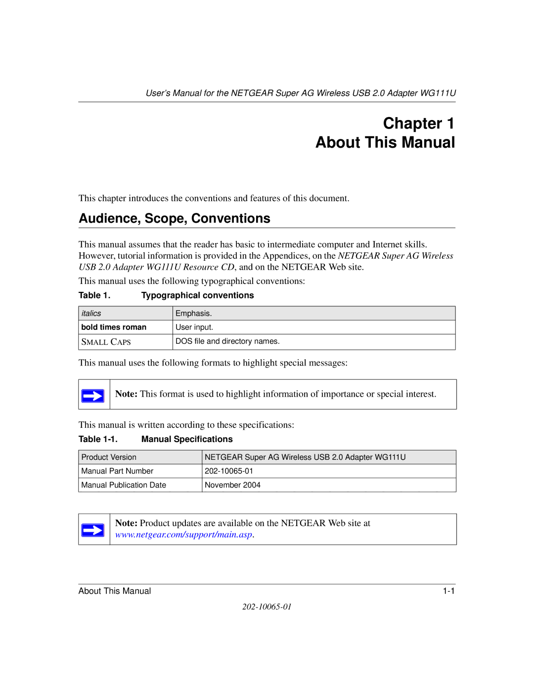 NETGEAR WG111U Chapter About This Manual, Audience, Scope, Conventions, Typographical conventions, Manual Specifications 