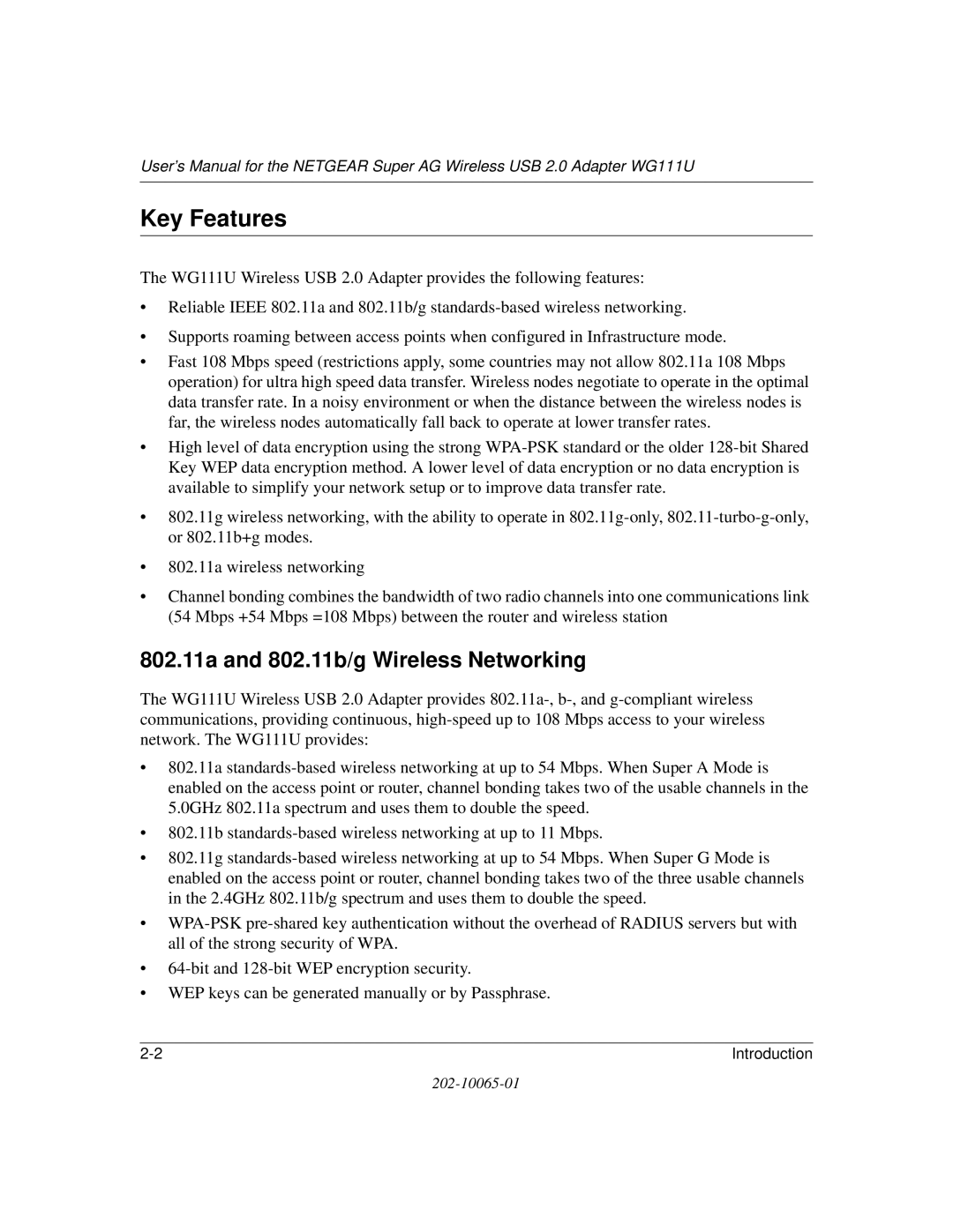 NETGEAR WG111U user manual Key Features, 802.11a and 802.11b/g Wireless Networking 