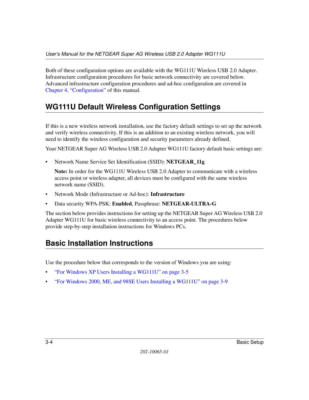 NETGEAR user manual WG111U Default Wireless Configuration Settings, Basic Installation Instructions 