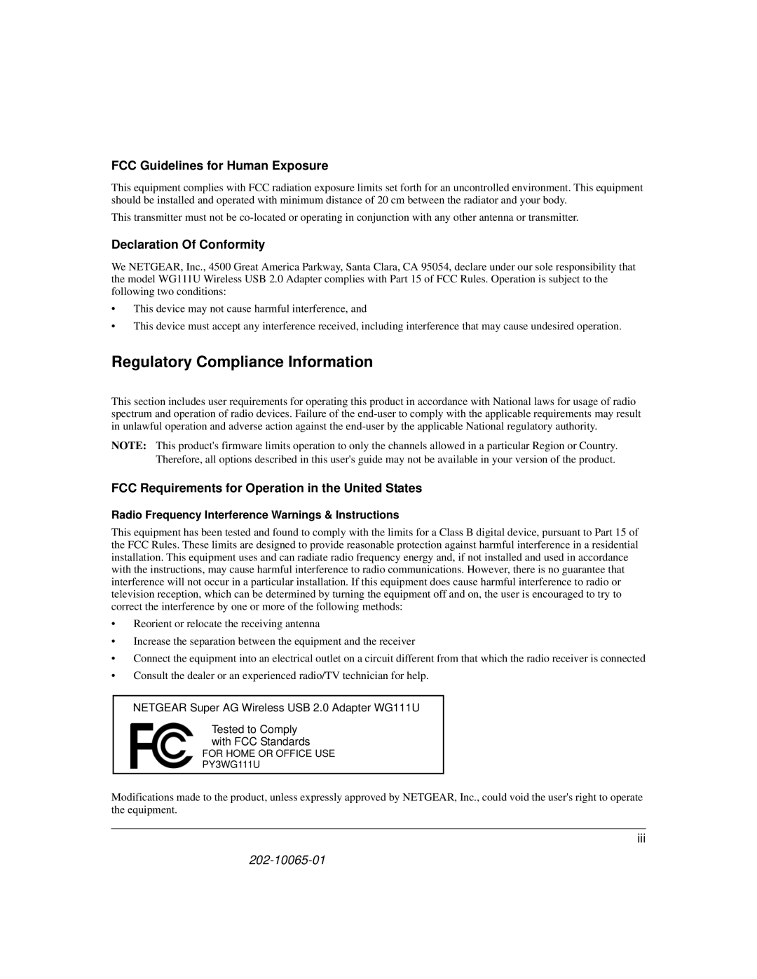 NETGEAR WG111U user manual FCC Guidelines for Human Exposure, Declaration Of Conformity 