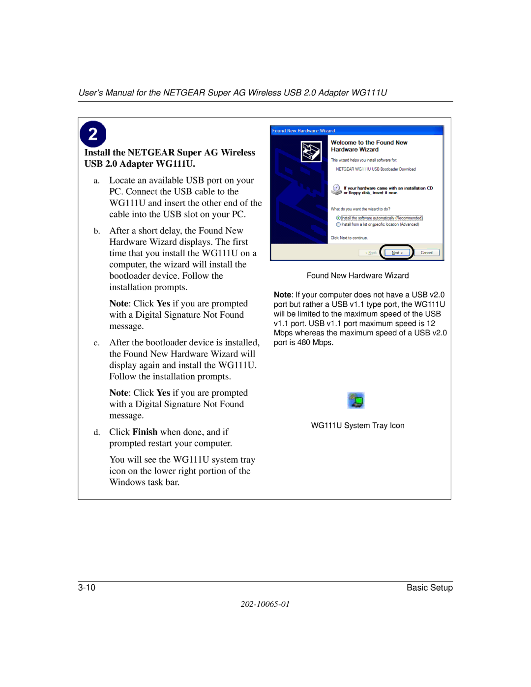 NETGEAR user manual Found New Hardware Wizard WG111U System Tray Icon 