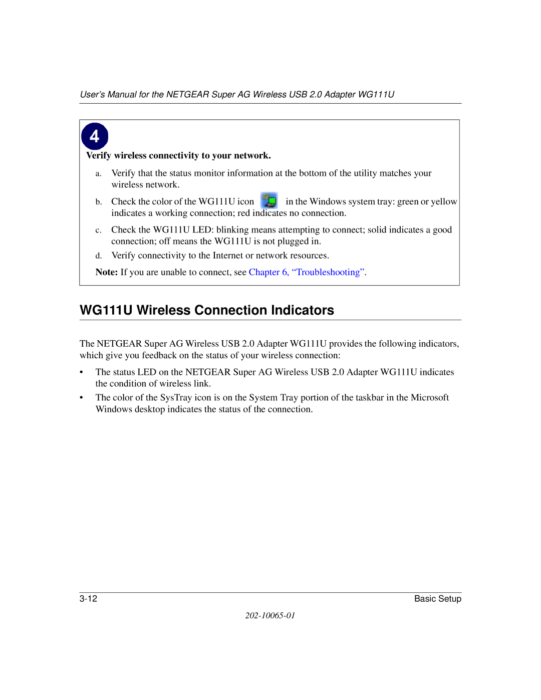 NETGEAR user manual WG111U Wireless Connection Indicators, Verify wireless connectivity to your network 