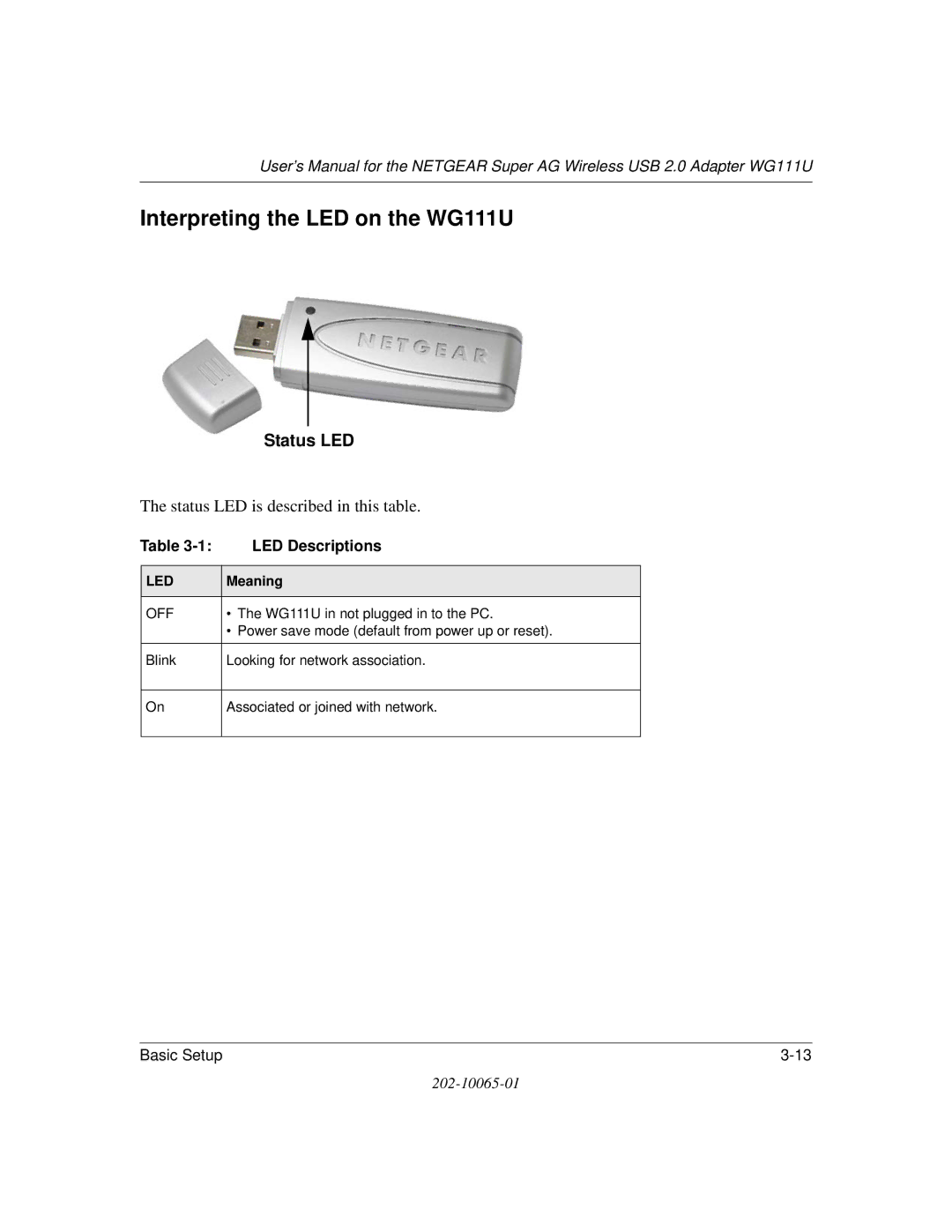 NETGEAR user manual Interpreting the LED on the WG111U, Status LED, LED Descriptions 