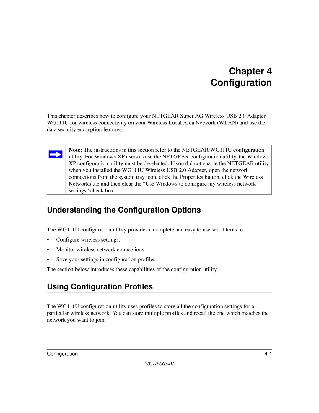 NETGEAR WG111U user manual Chapter Configuration, Understanding the Configuration Options, Using Configuration Profiles 