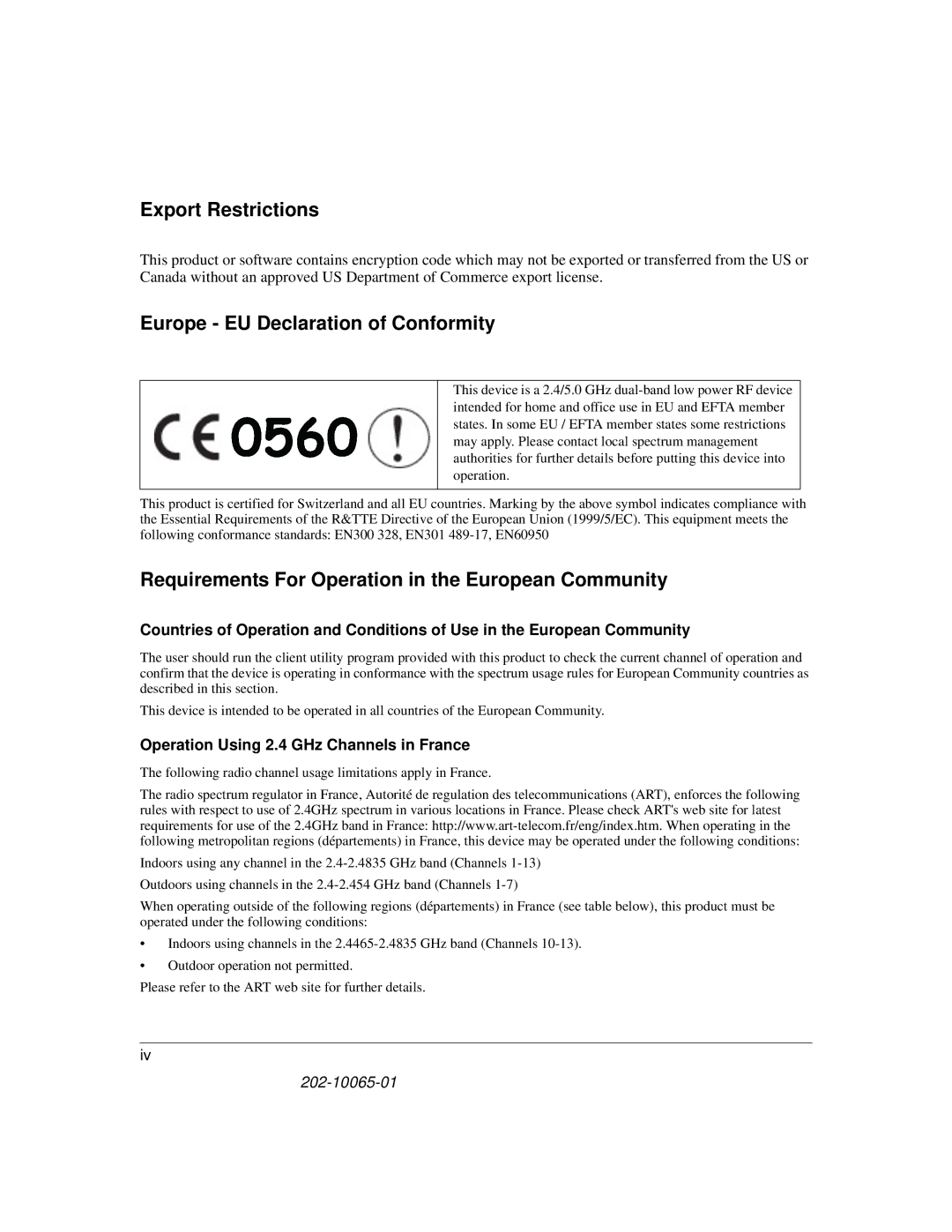 NETGEAR WG111U user manual Export Restrictions, Operation Using 2.4 GHz Channels in France 