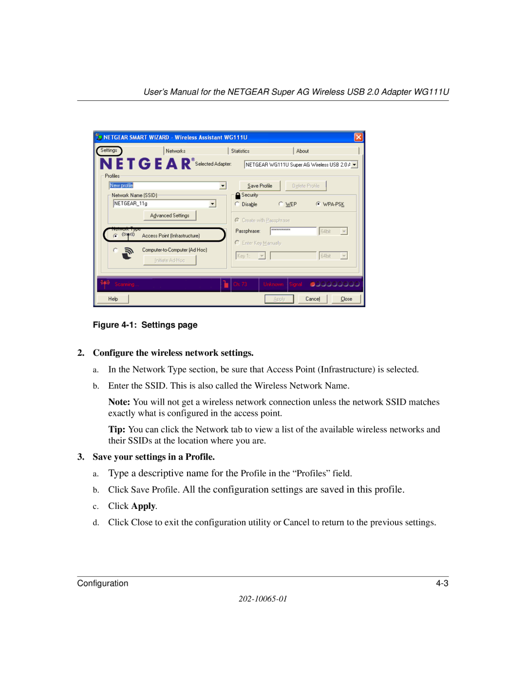 NETGEAR WG111U user manual Configure the wireless network settings, Save your settings in a Profile 