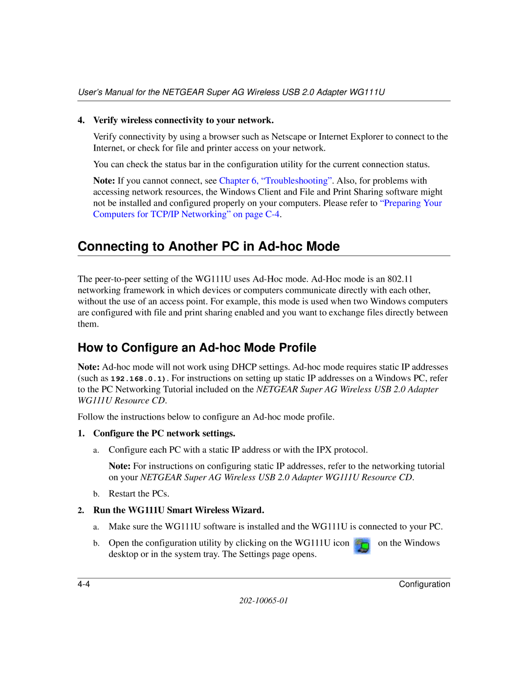 NETGEAR WG111U user manual Connecting to Another PC in Ad-hoc Mode, How to Configure an Ad-hoc Mode Profile 