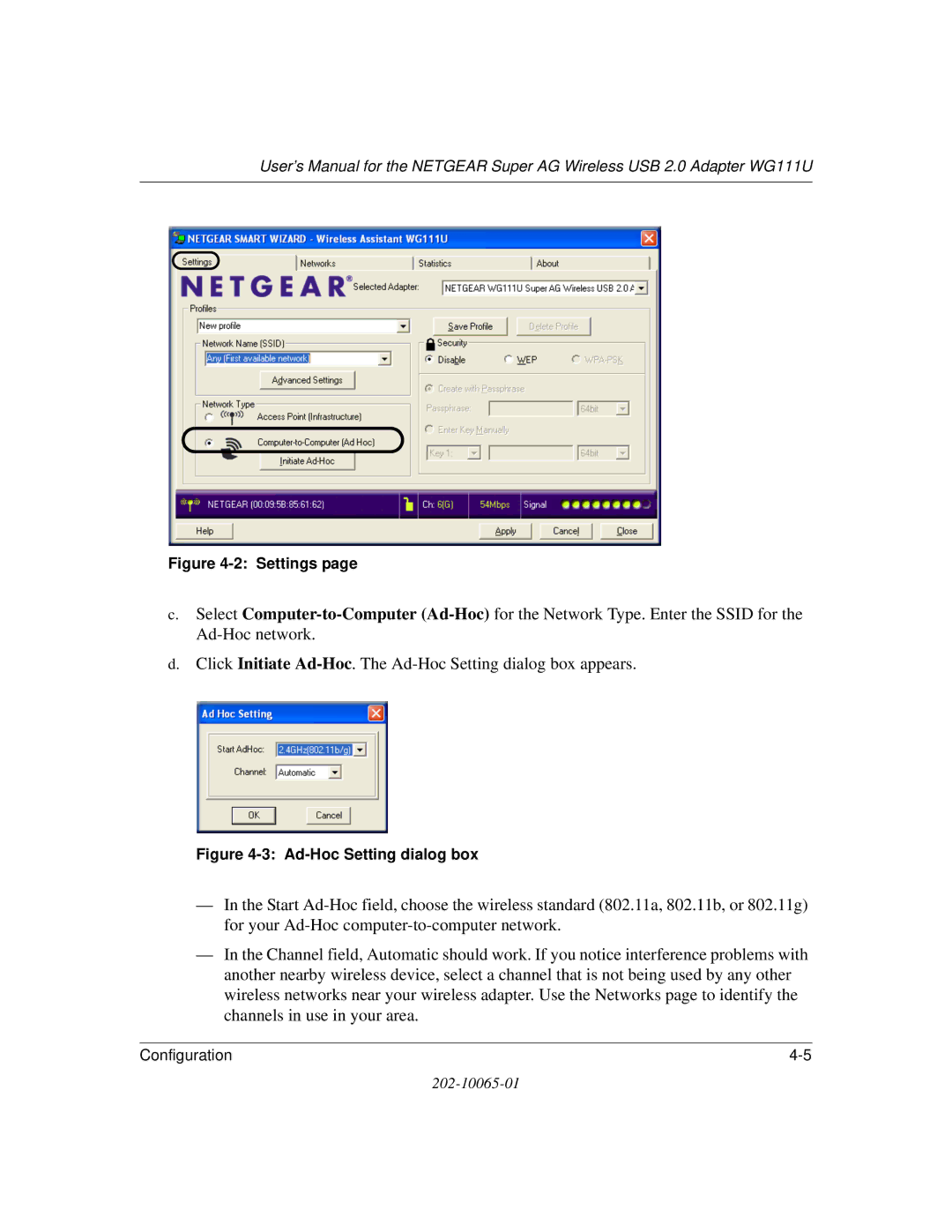 NETGEAR WG111U user manual Ad-Hoc Setting dialog box 