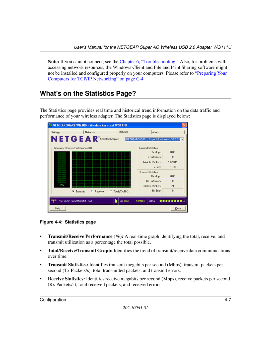 NETGEAR WG111U user manual What’s on the Statistics Page? 