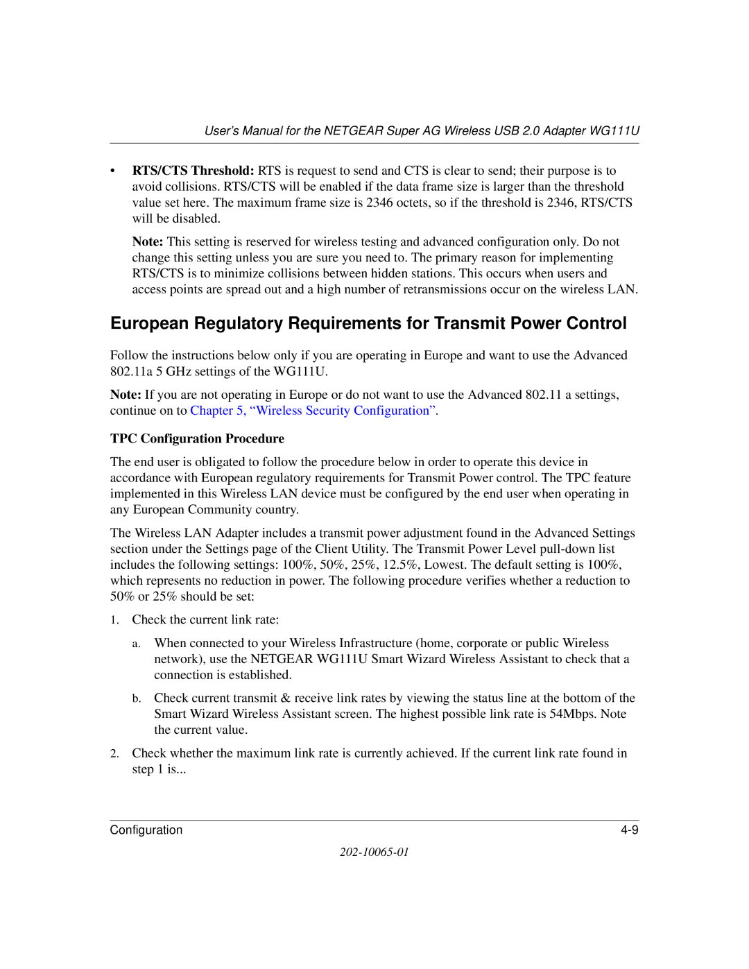 NETGEAR WG111U user manual European Regulatory Requirements for Transmit Power Control, TPC Configuration Procedure 