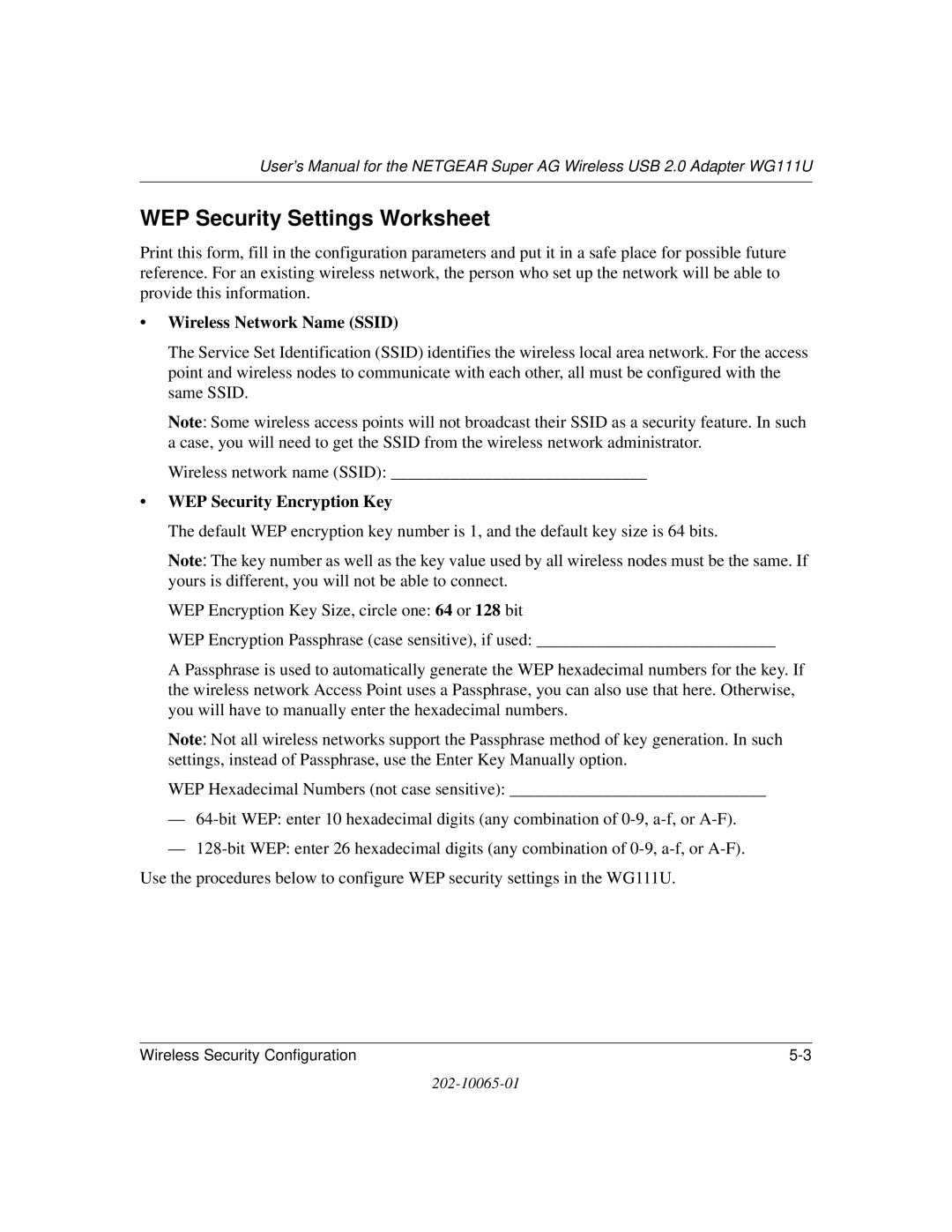 NETGEAR WG111U user manual WEP Security Settings Worksheet, Wireless Network Name Ssid, WEP Security Encryption Key 