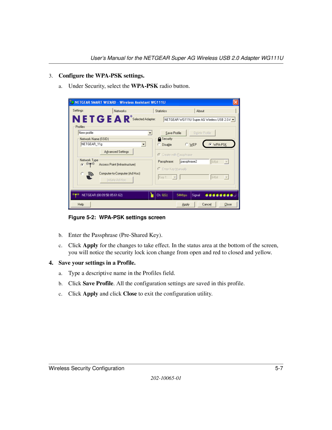 NETGEAR WG111U user manual Configure the WPA-PSK settings, WPA-PSK settings screen 