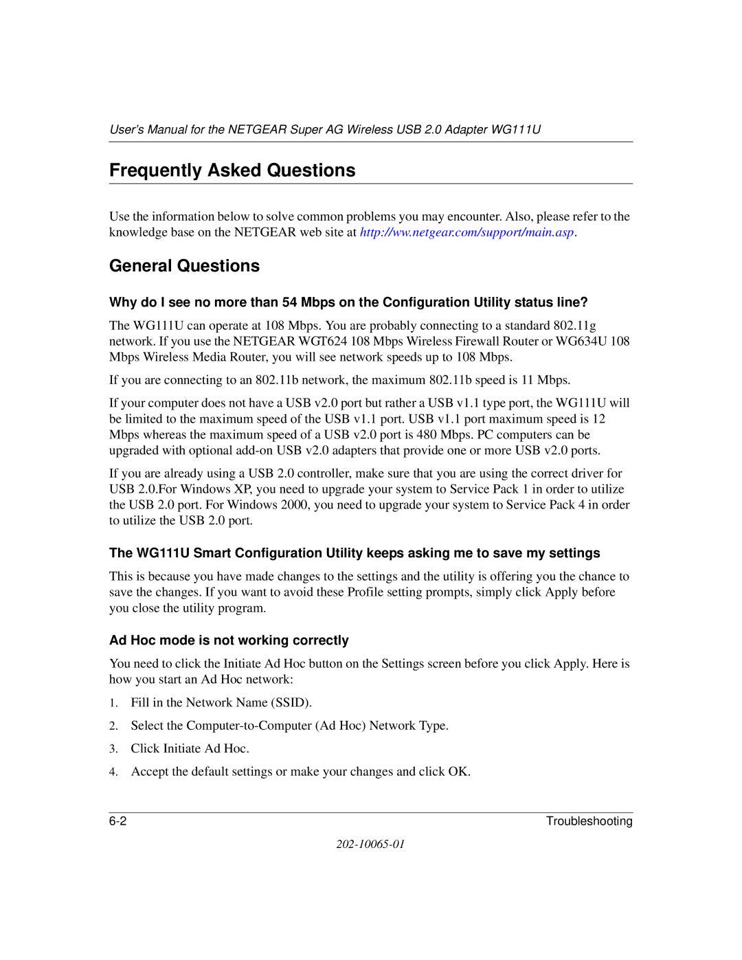 NETGEAR WG111U user manual Frequently Asked Questions, General Questions, Ad Hoc mode is not working correctly 