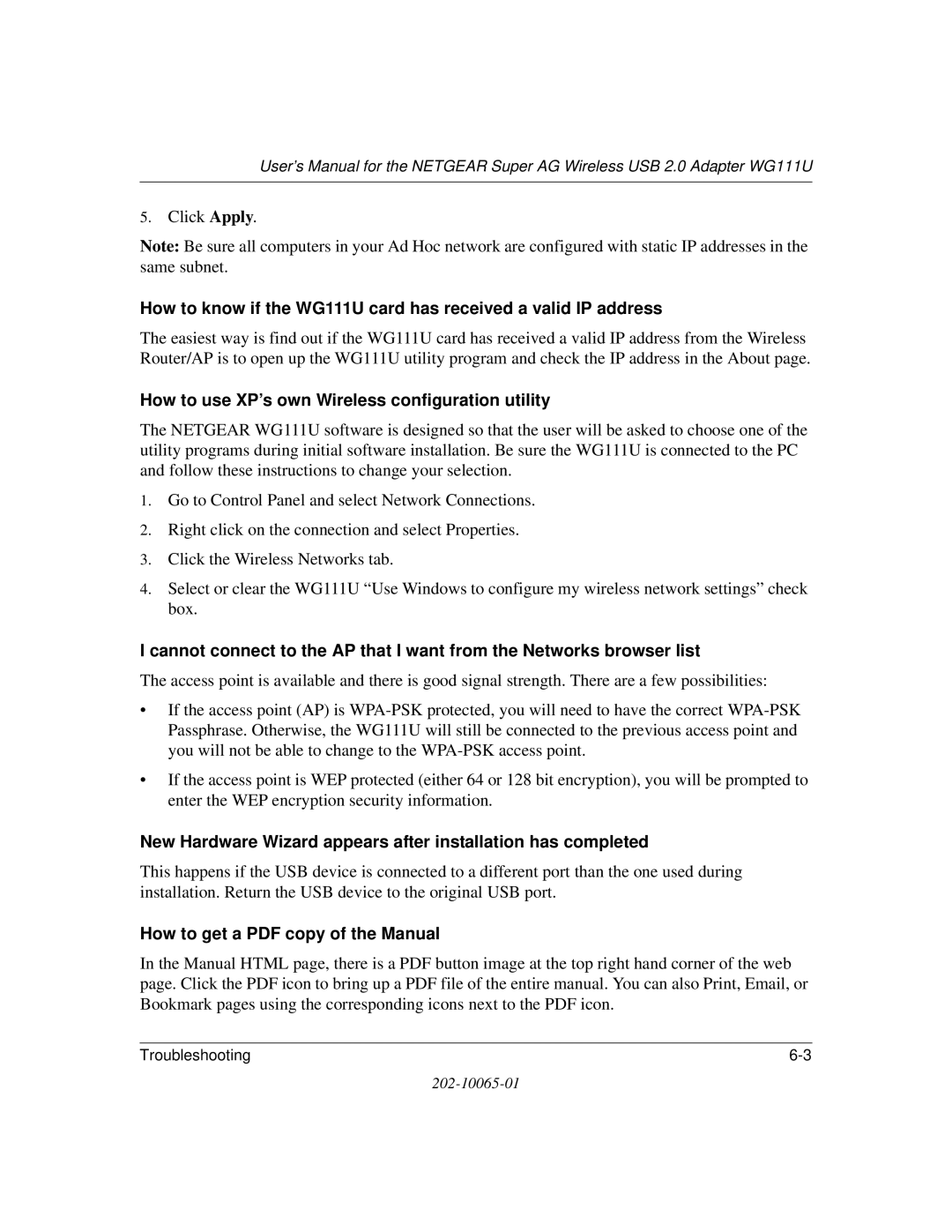 NETGEAR WG111U user manual How to use XP’s own Wireless configuration utility 