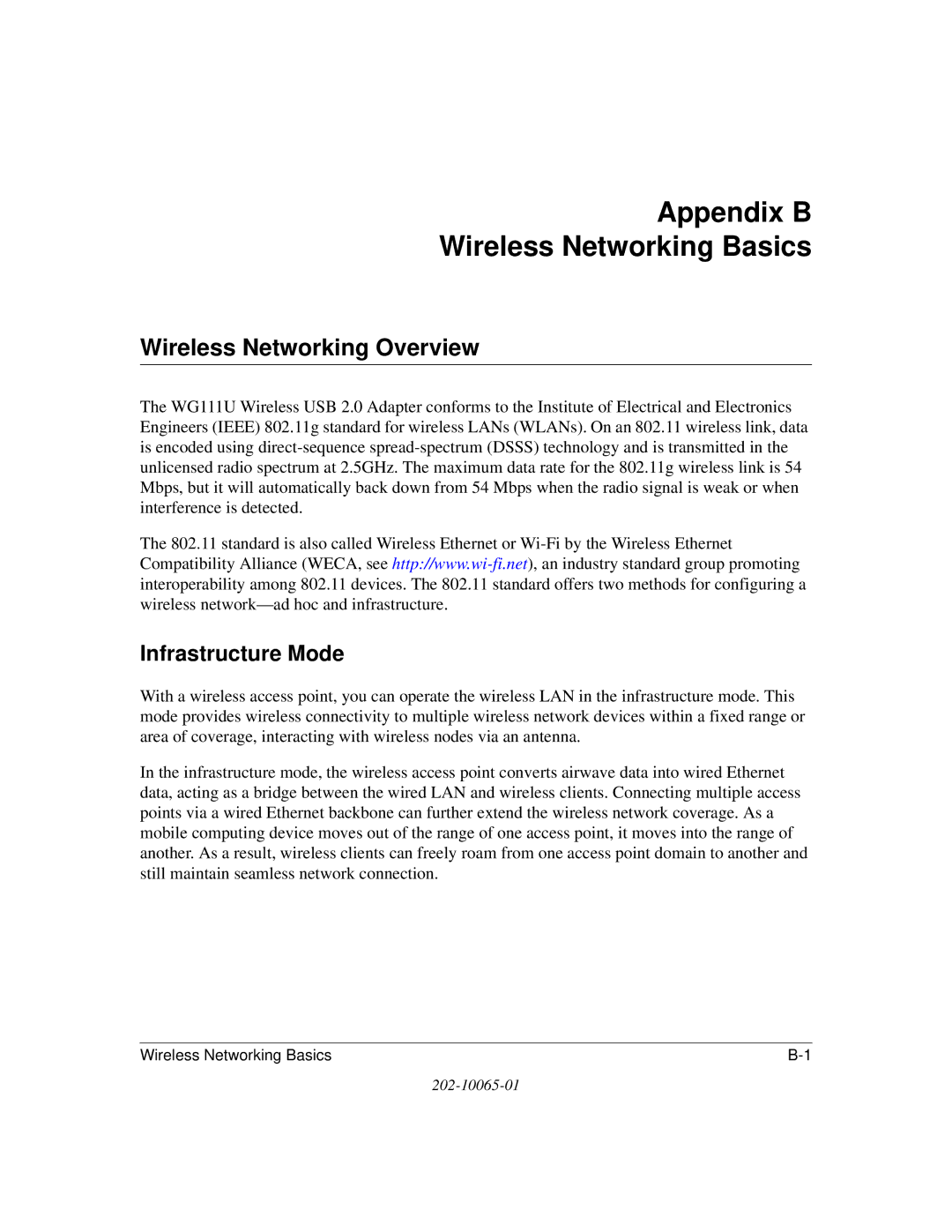 NETGEAR WG111U user manual Appendix B Wireless Networking Basics, Wireless Networking Overview, Infrastructure Mode 