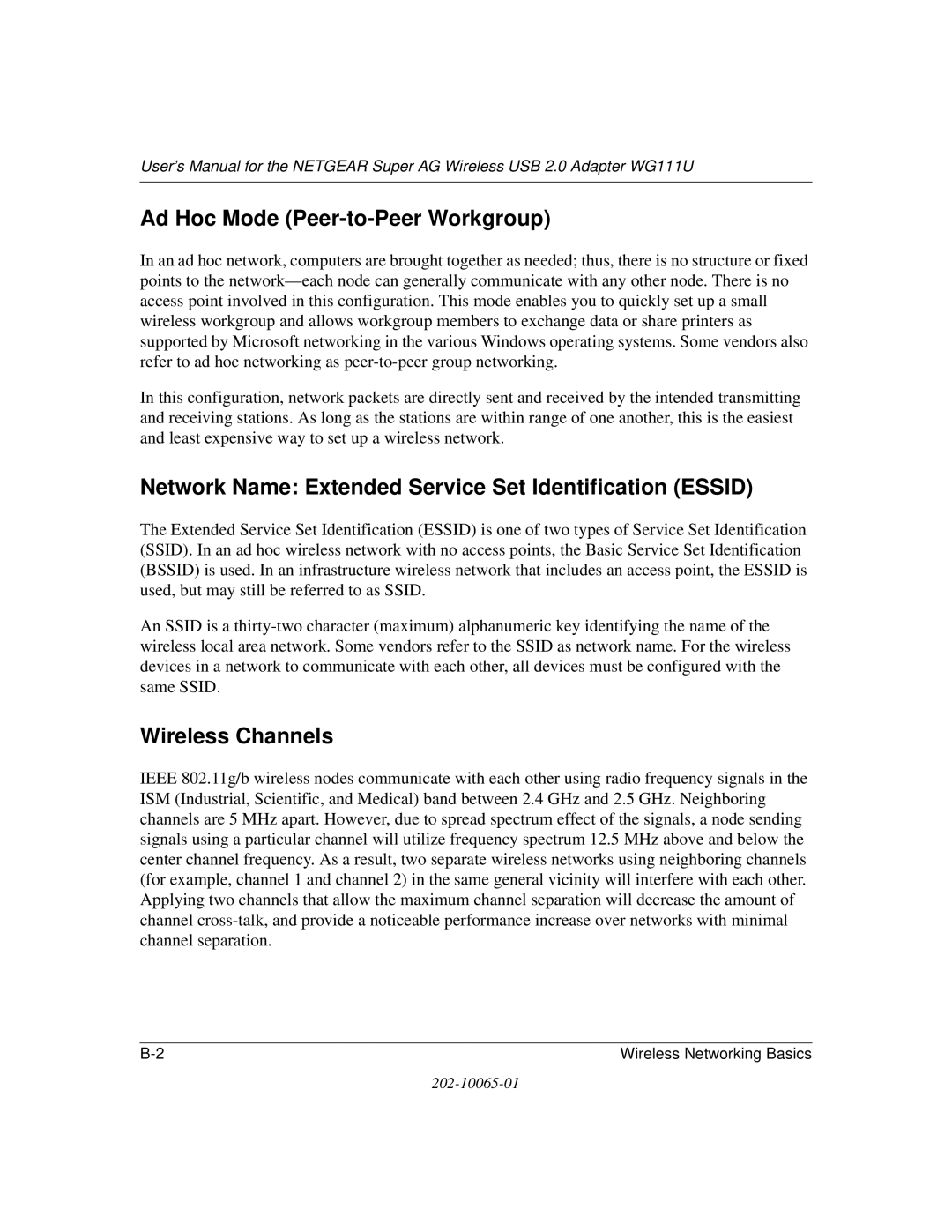 NETGEAR WG111U user manual Ad Hoc Mode Peer-to-Peer Workgroup, Network Name Extended Service Set Identification Essid 