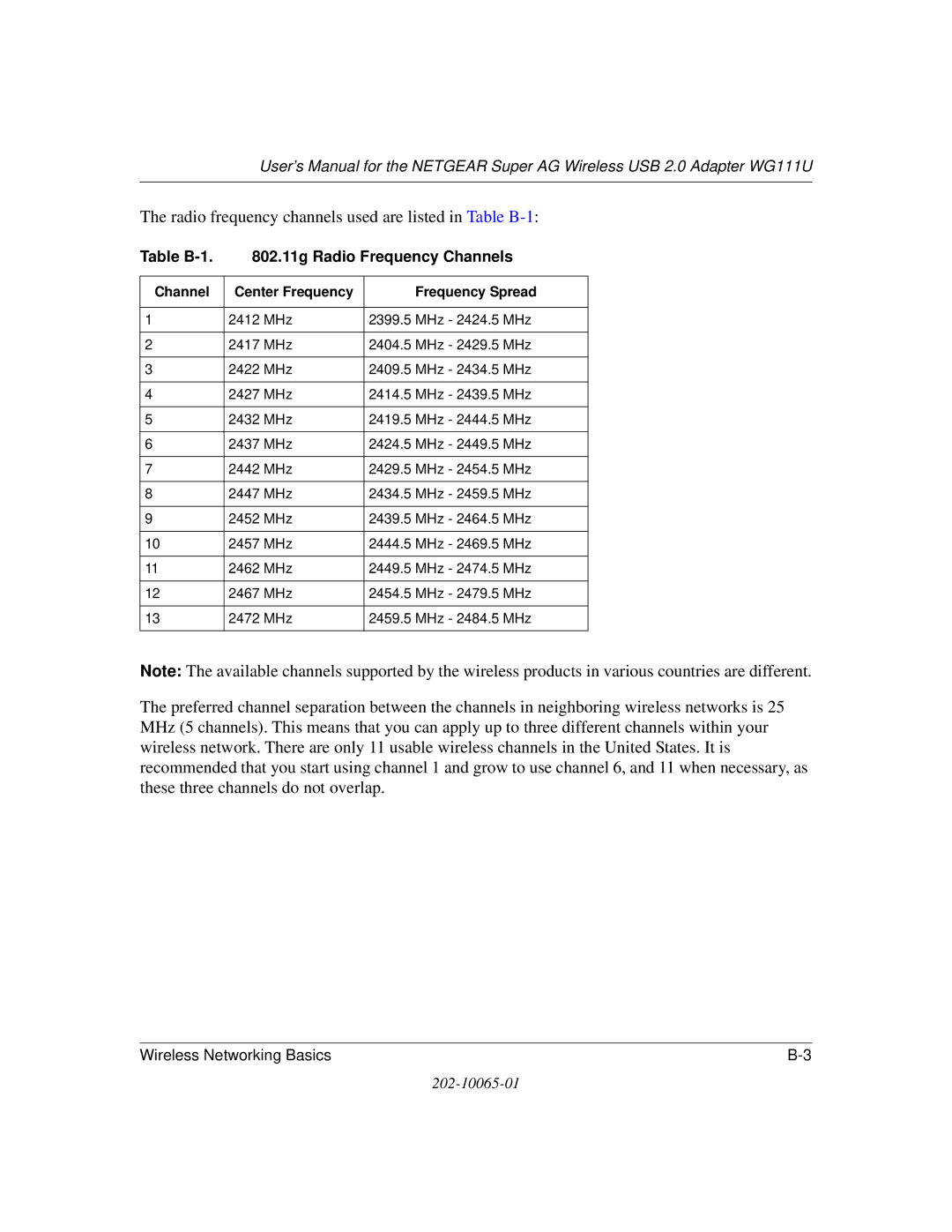 NETGEAR WG111U Radio frequency channels used are listed in Table B-1, Table B-1 802.11g Radio Frequency Channels 