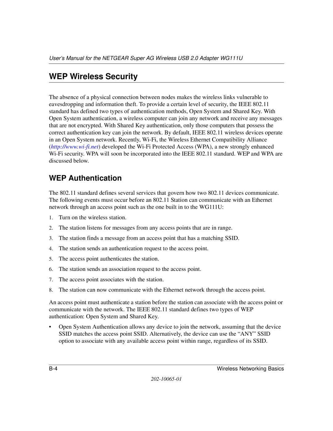 NETGEAR WG111U user manual WEP Wireless Security, WEP Authentication 