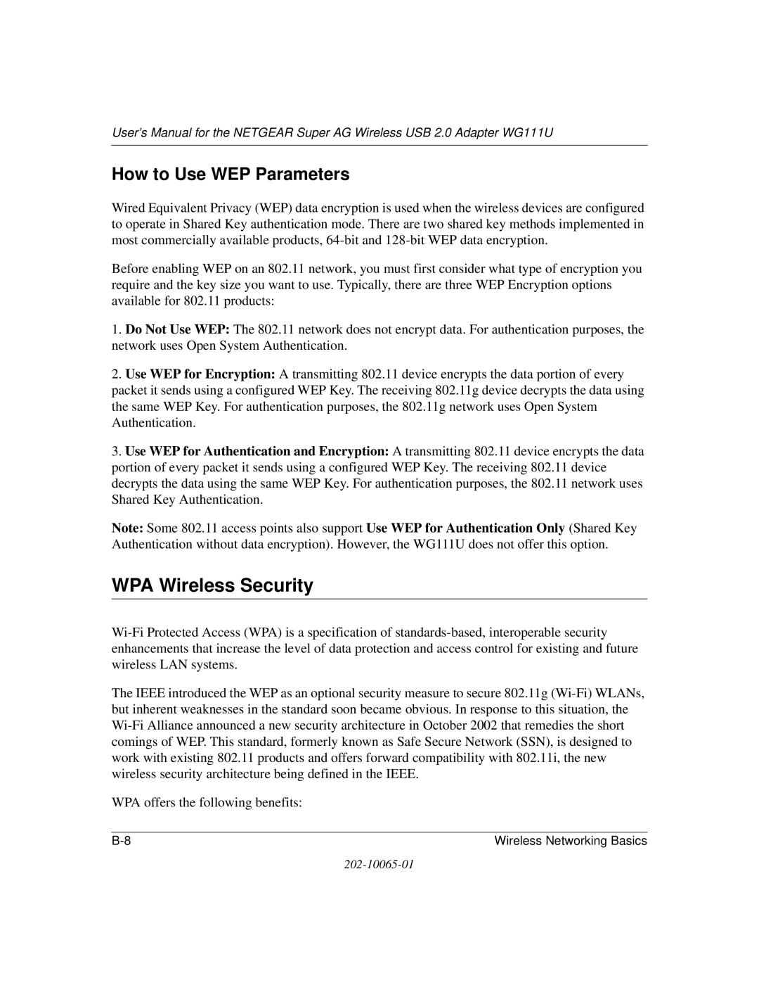 NETGEAR WG111U user manual WPA Wireless Security, How to Use WEP Parameters 