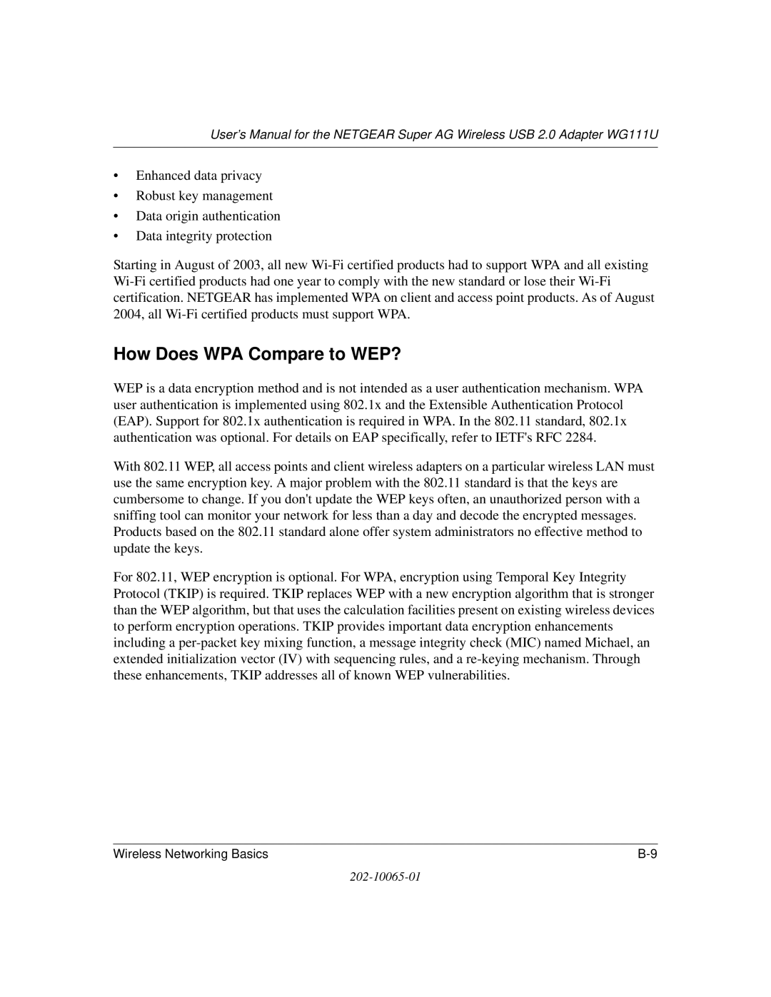 NETGEAR WG111U user manual How Does WPA Compare to WEP? 