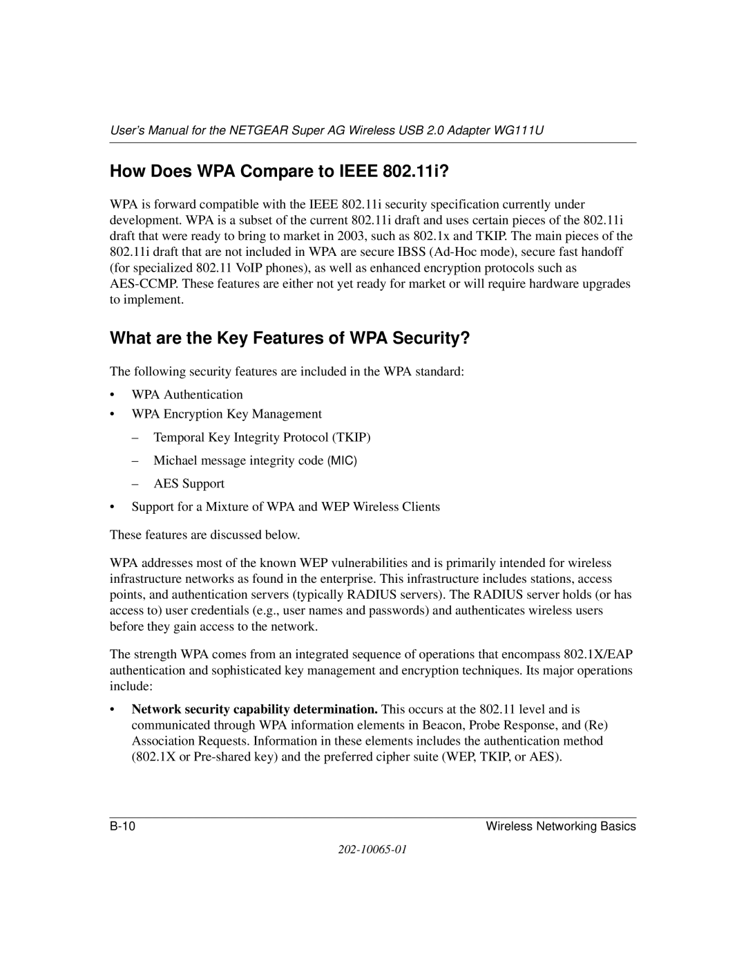 NETGEAR WG111U user manual How Does WPA Compare to Ieee 802.11i?, What are the Key Features of WPA Security? 