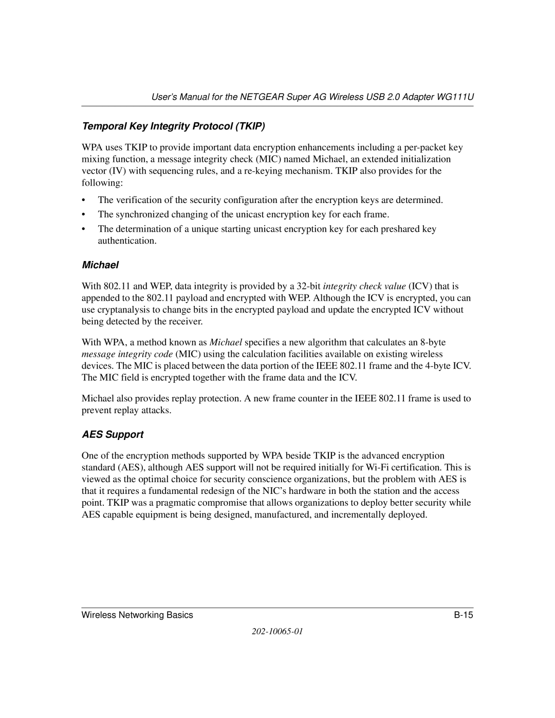 NETGEAR WG111U user manual Temporal Key Integrity Protocol Tkip 