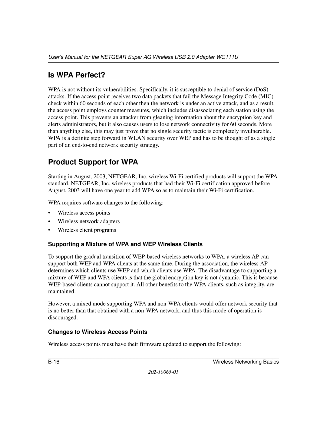 NETGEAR WG111U user manual Is WPA Perfect?, Product Support for WPA, Supporting a Mixture of WPA and WEP Wireless Clients 