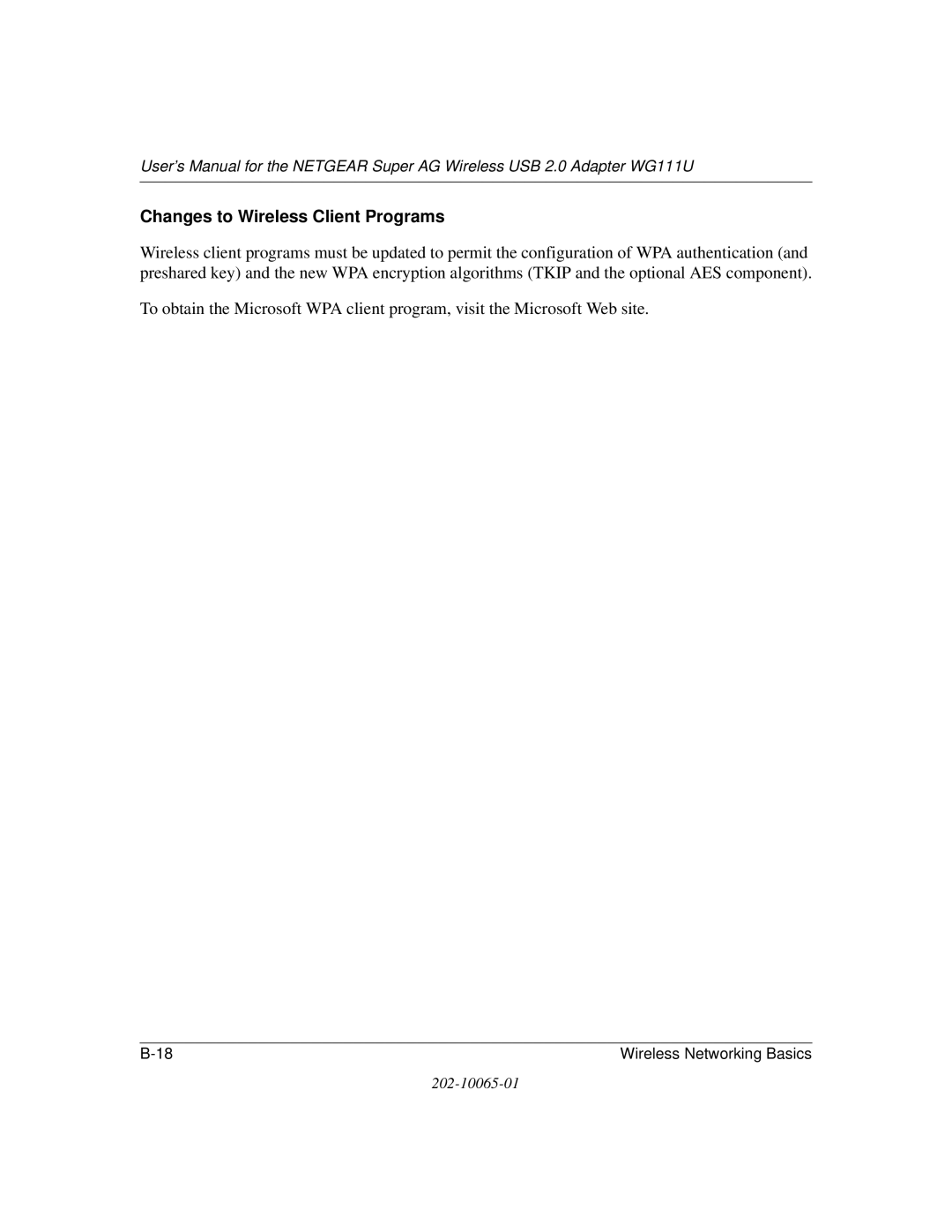 NETGEAR WG111U user manual Changes to Wireless Client Programs 