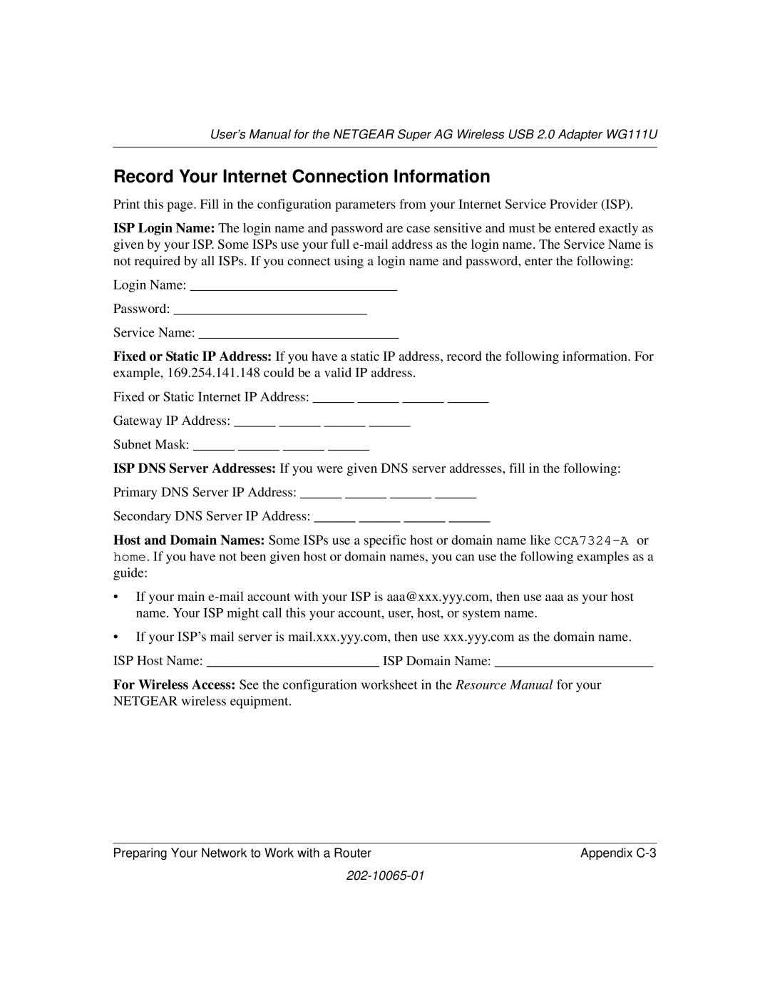 NETGEAR WG111U user manual Record Your Internet Connection Information 