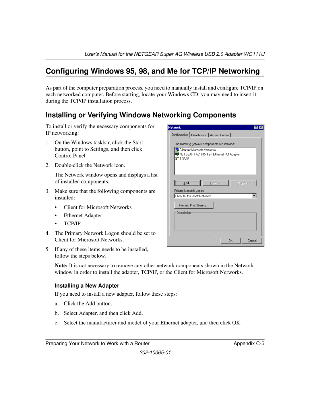 NETGEAR WG111U user manual Configuring Windows 95, 98, and Me for TCP/IP Networking, Installing a New Adapter 