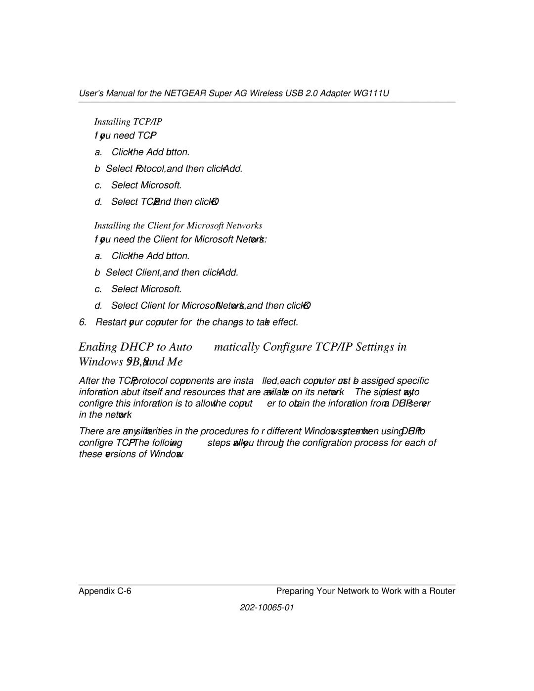 NETGEAR WG111U user manual Installing TCP/IP, Installing the Client for Microsoft Networks 