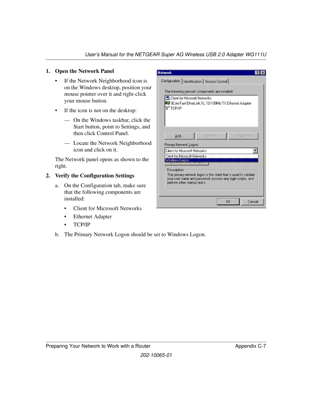 NETGEAR WG111U user manual Open the Network Panel, Verify the Configuration Settings 