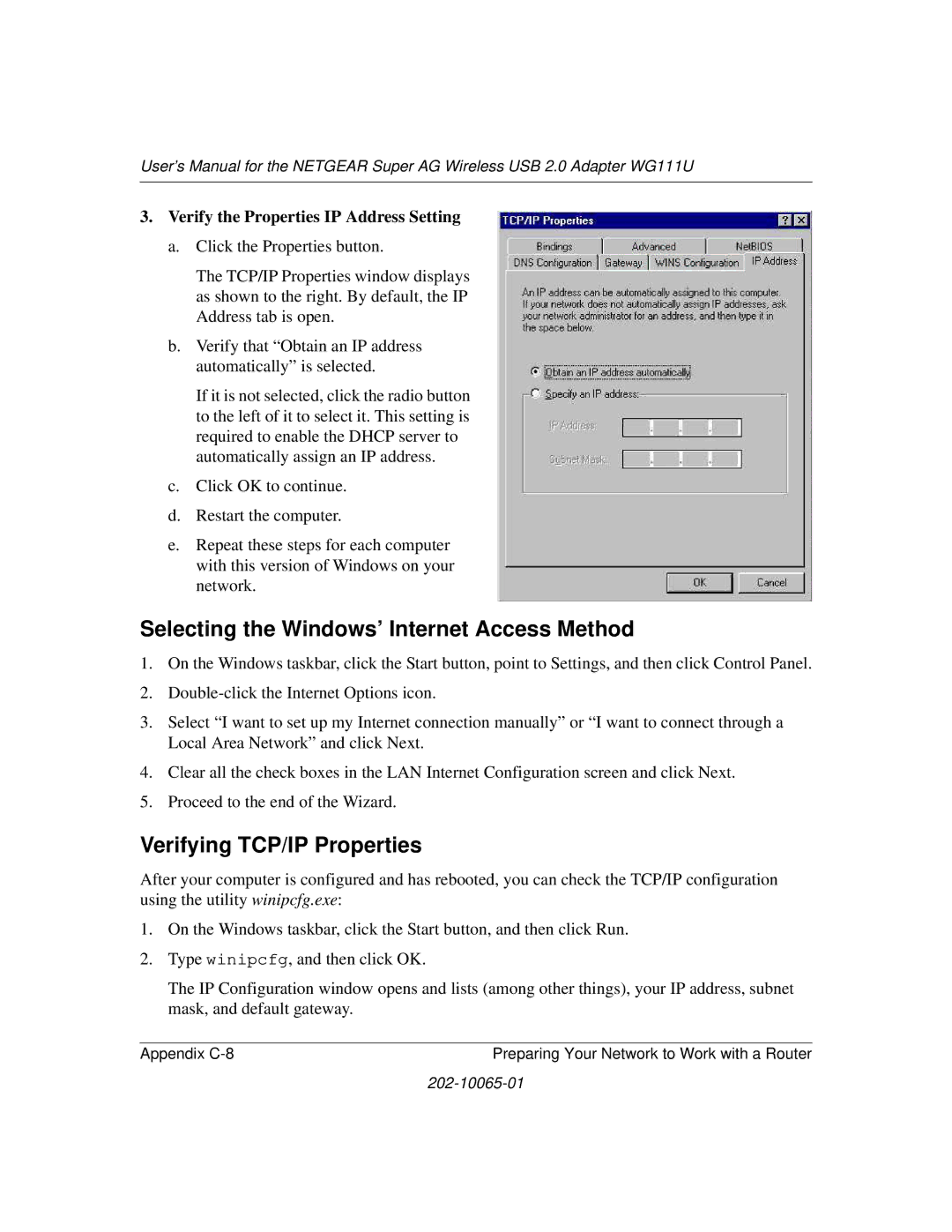 NETGEAR WG111U user manual Selecting the Windows’ Internet Access Method, Verifying TCP/IP Properties 