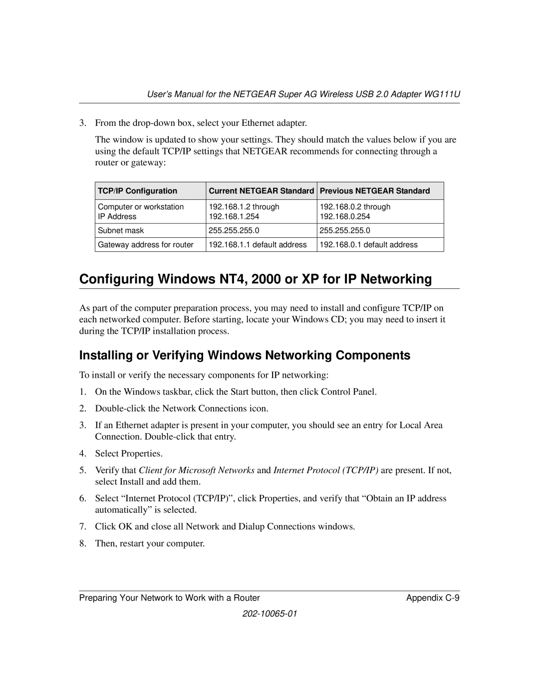 NETGEAR WG111U user manual Configuring Windows NT4, 2000 or XP for IP Networking 