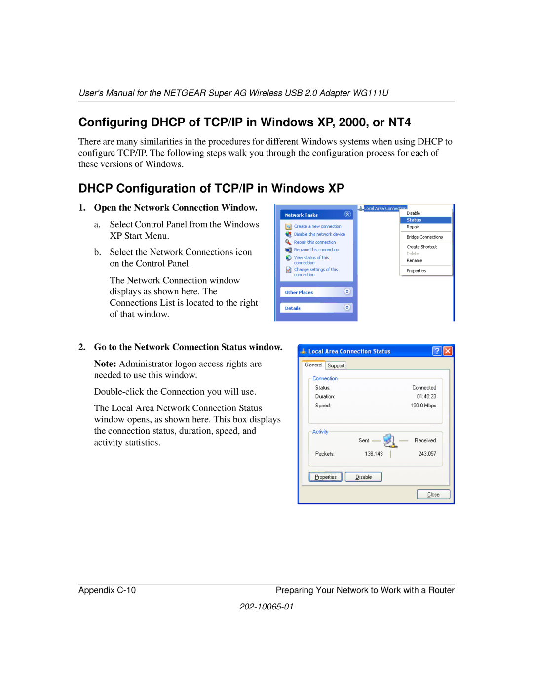 NETGEAR WG111U Configuring Dhcp of TCP/IP in Windows XP, 2000, or NT4, Dhcp Configuration of TCP/IP in Windows XP 