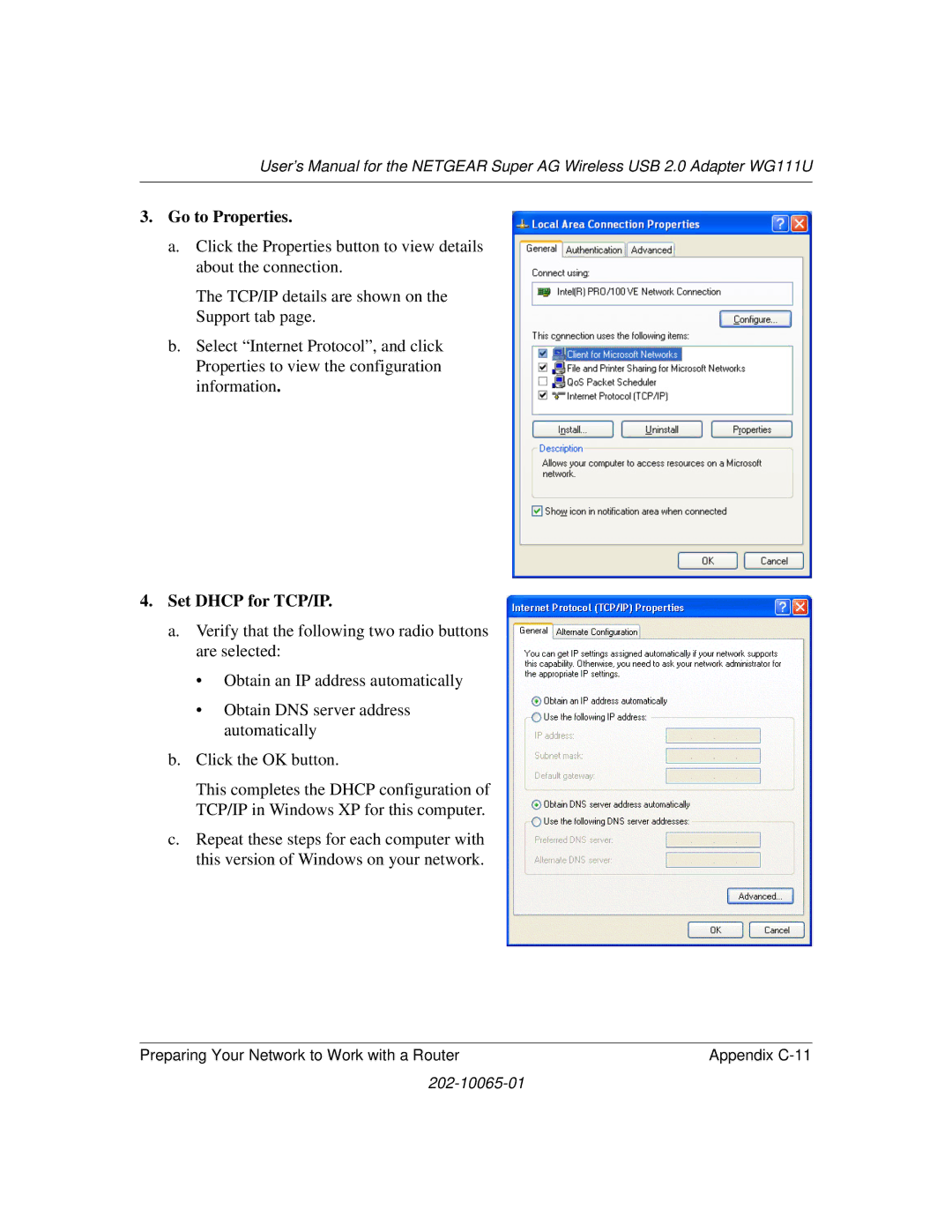 NETGEAR WG111U user manual Go to Properties, Set Dhcp for TCP/IP 