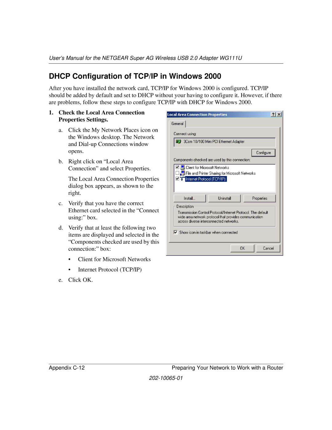 NETGEAR WG111U user manual Dhcp Configuration of TCP/IP in Windows, Check the Local Area Connection Properties Settings 