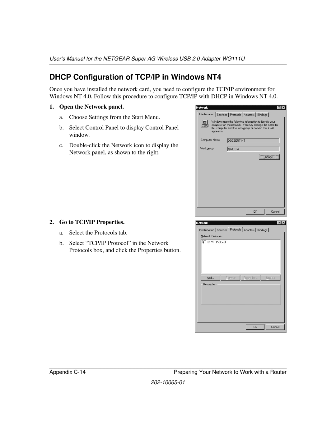 NETGEAR WG111U user manual Dhcp Configuration of TCP/IP in Windows NT4, Go to TCP/IP Properties 