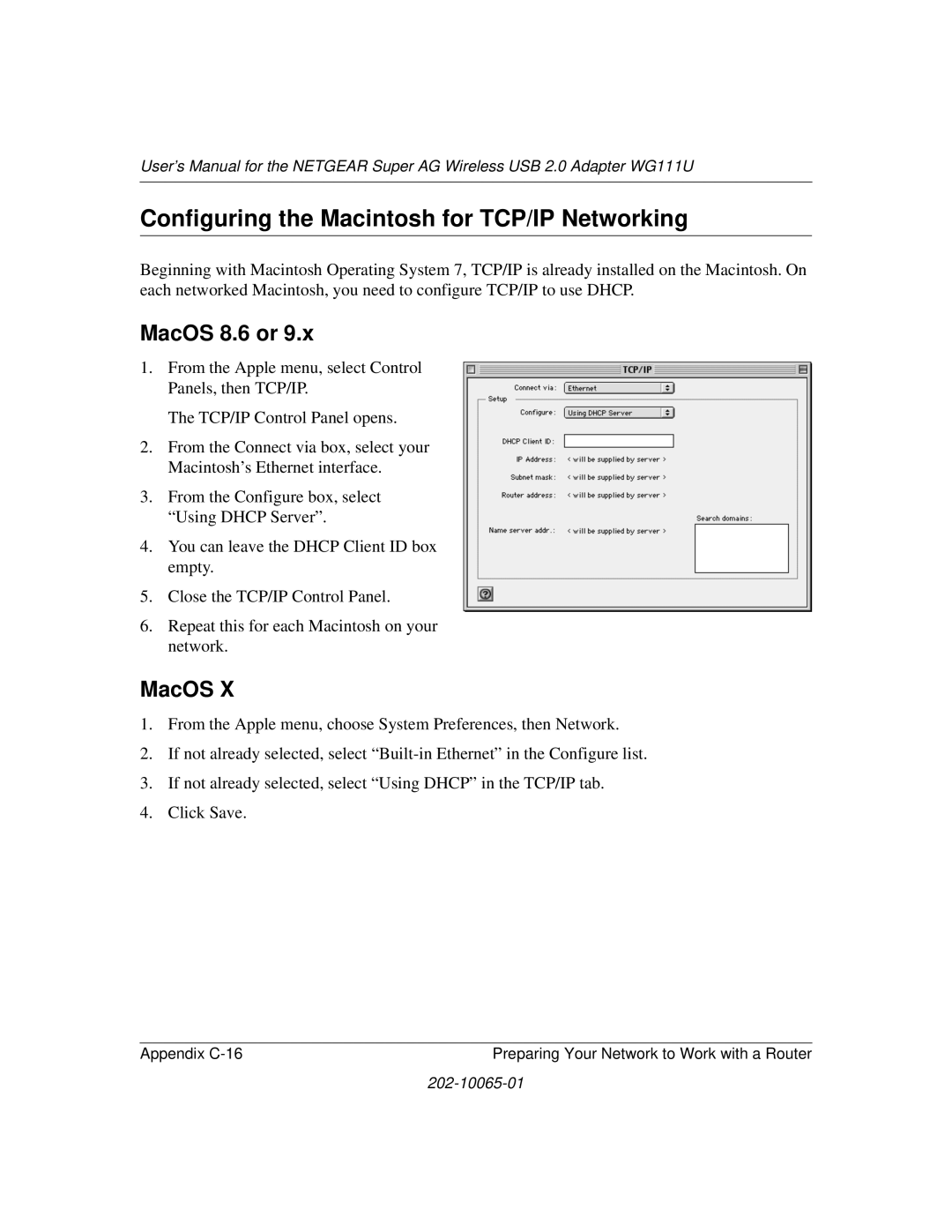 NETGEAR WG111U user manual Configuring the Macintosh for TCP/IP Networking, MacOS 8.6 or 