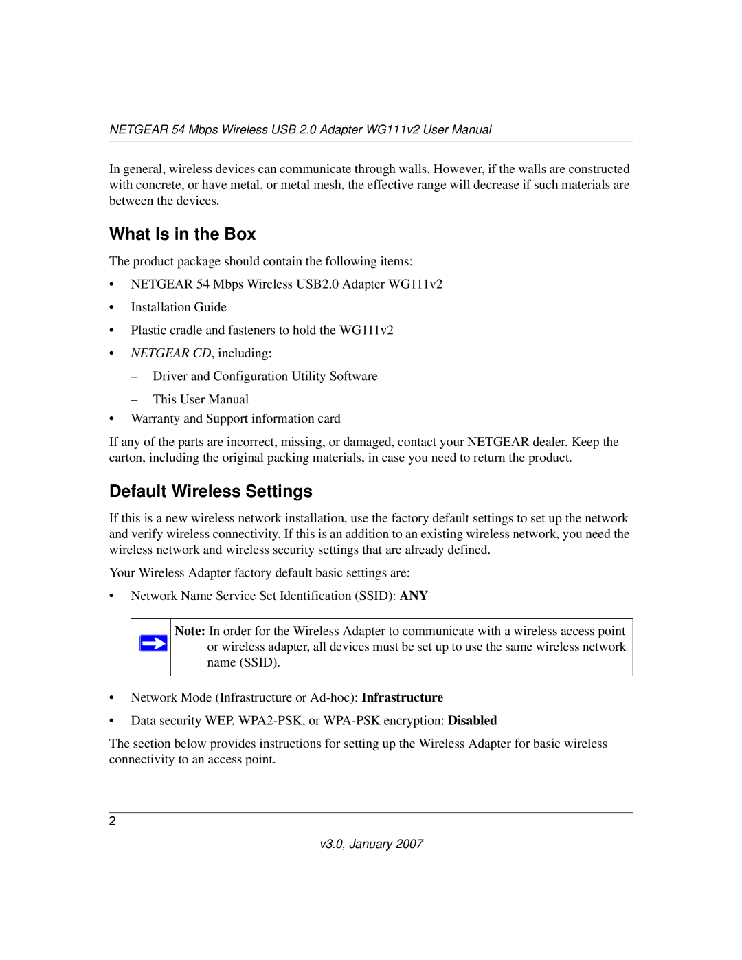 NETGEAR WG111V2 user manual What Is in the Box, Default Wireless Settings 