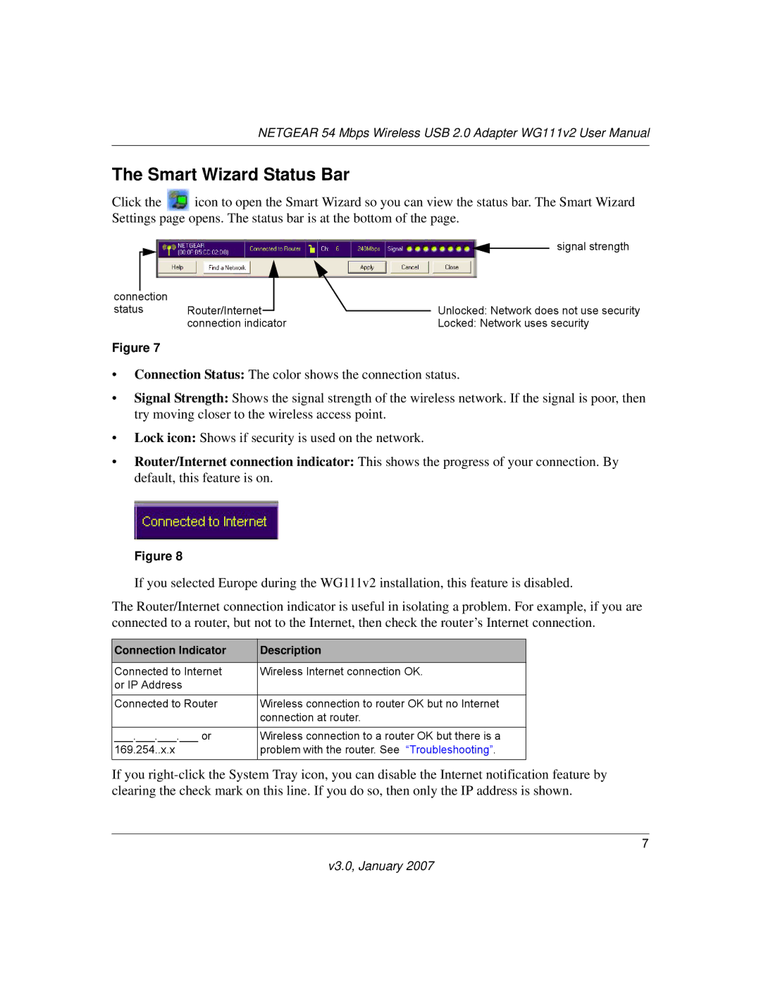 NETGEAR WG111V2 user manual Smart Wizard Status Bar, Connection Indicator Description 