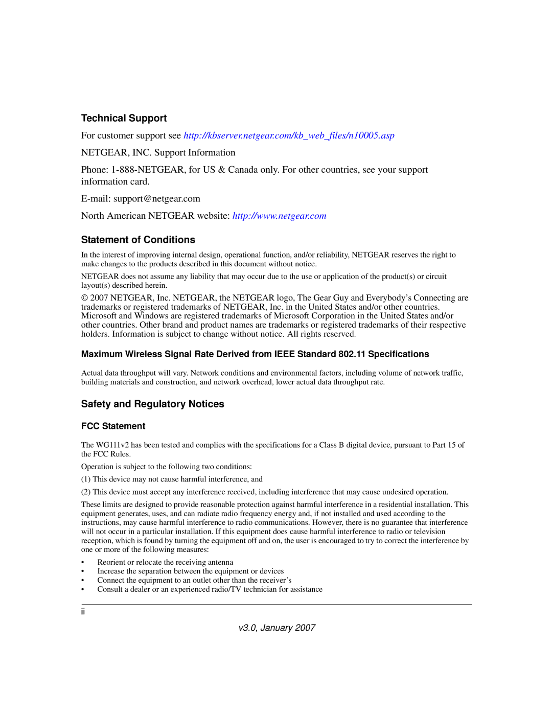 NETGEAR WG111V2 user manual Technical Support 