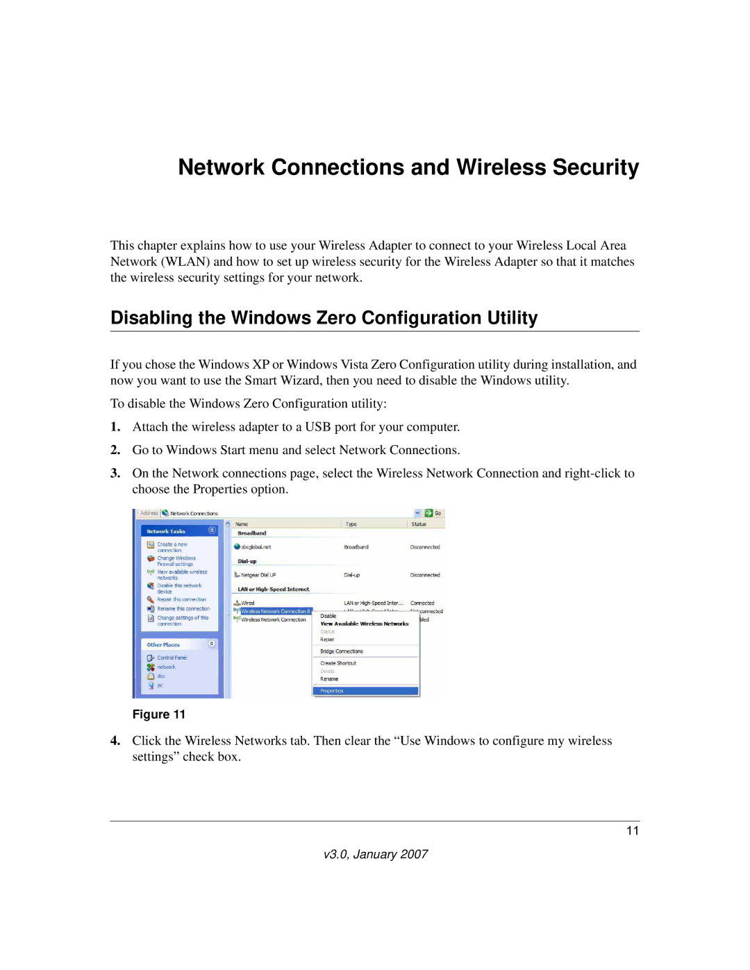 NETGEAR WG111V2 user manual Network Connections and Wireless Security, Disabling the Windows Zero Configuration Utility 