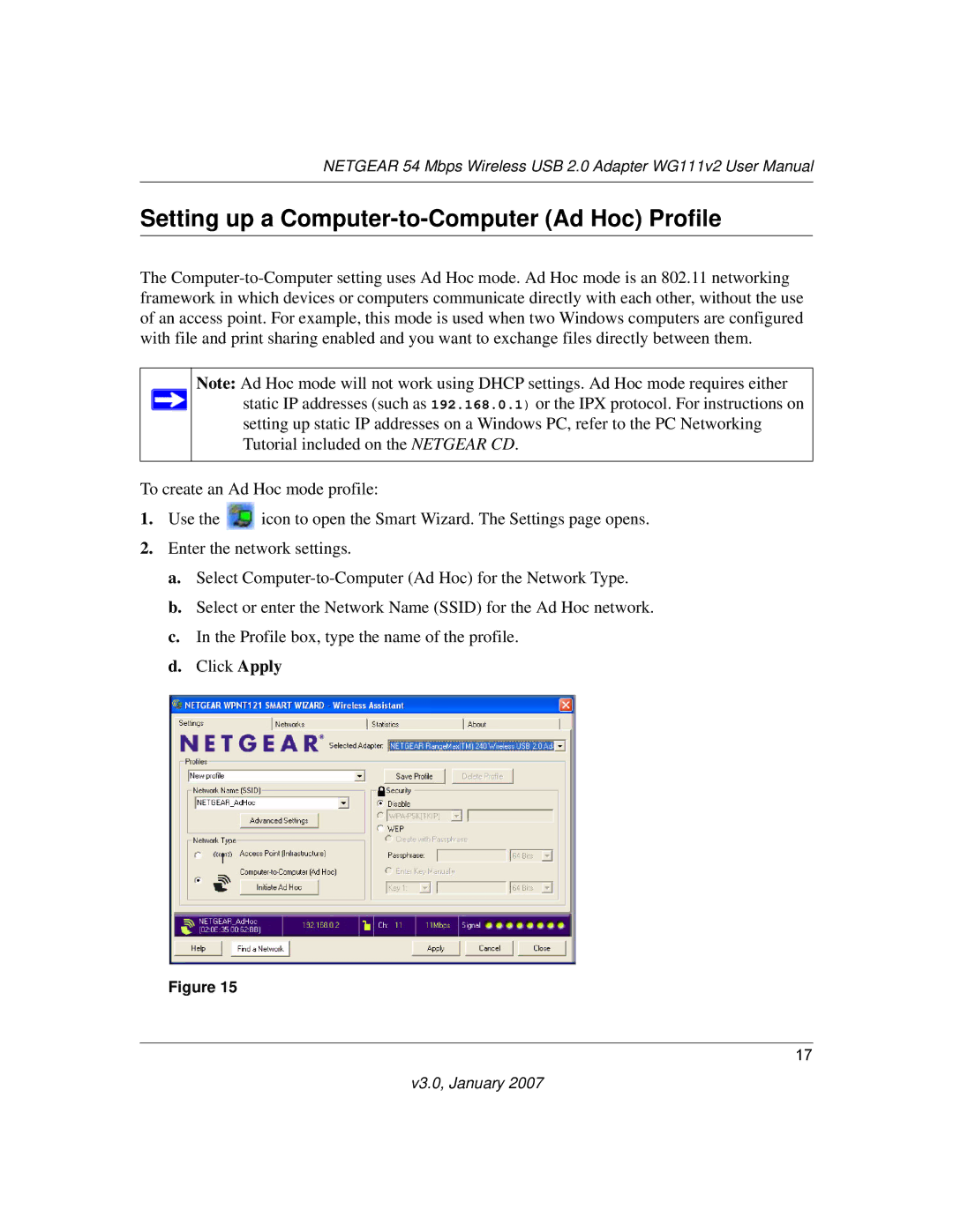 NETGEAR WG111V2 user manual Setting up a Computer-to-Computer Ad Hoc Profile 