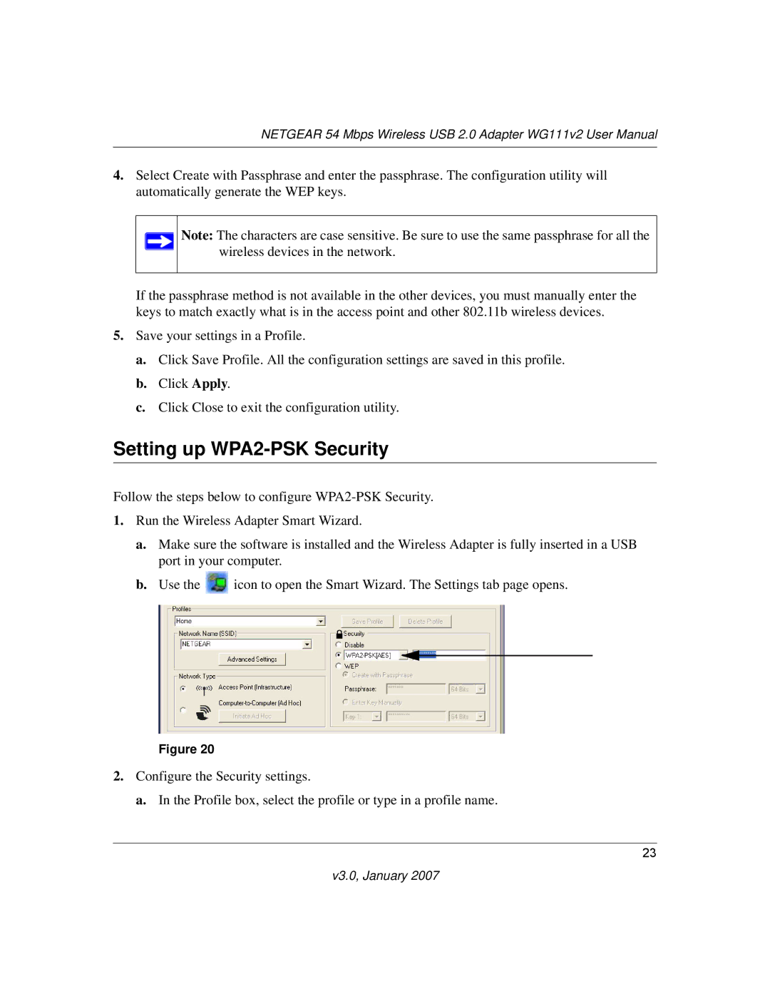 NETGEAR WG111V2 user manual Setting up WPA2-PSK Security 