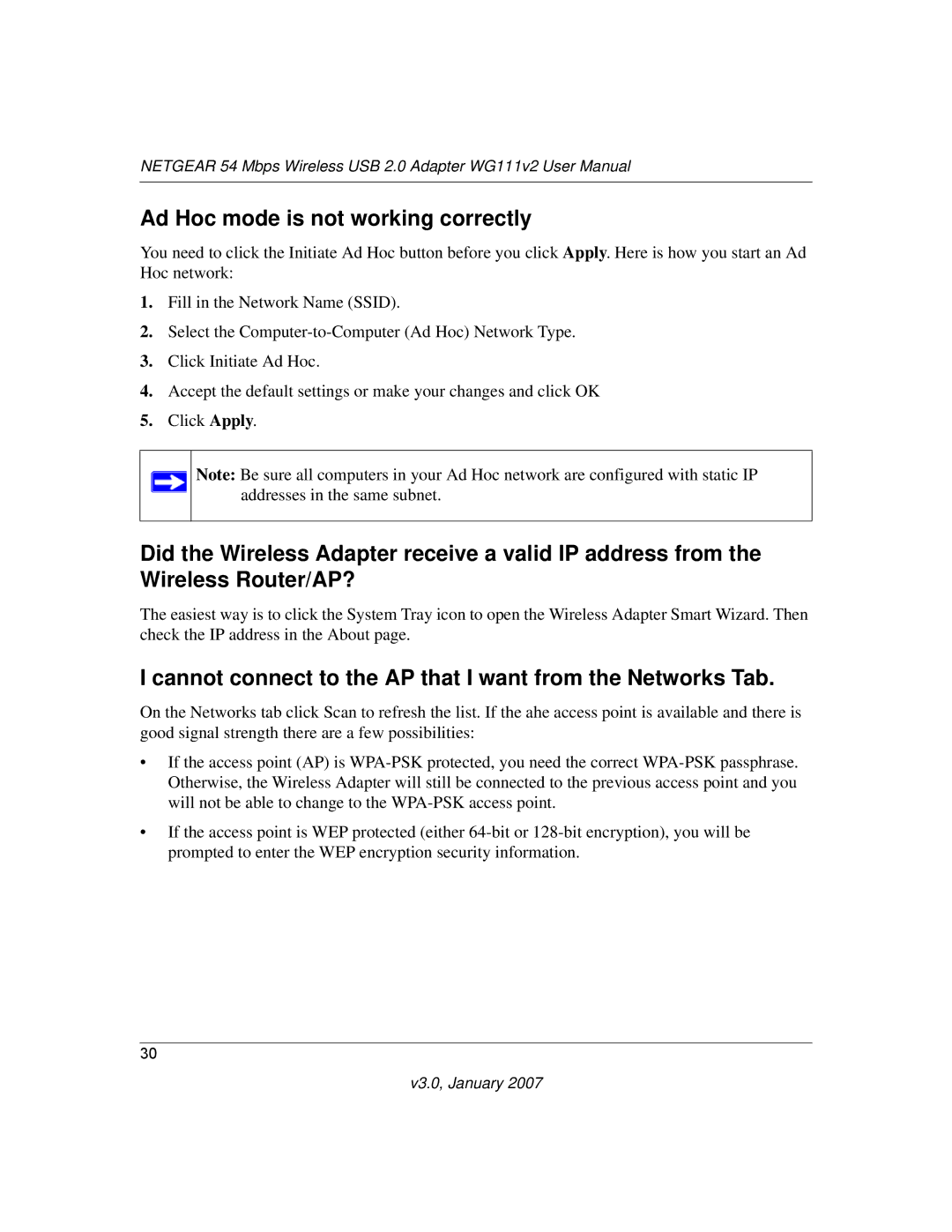 NETGEAR WG111V2 Ad Hoc mode is not working correctly, Cannot connect to the AP that I want from the Networks Tab 